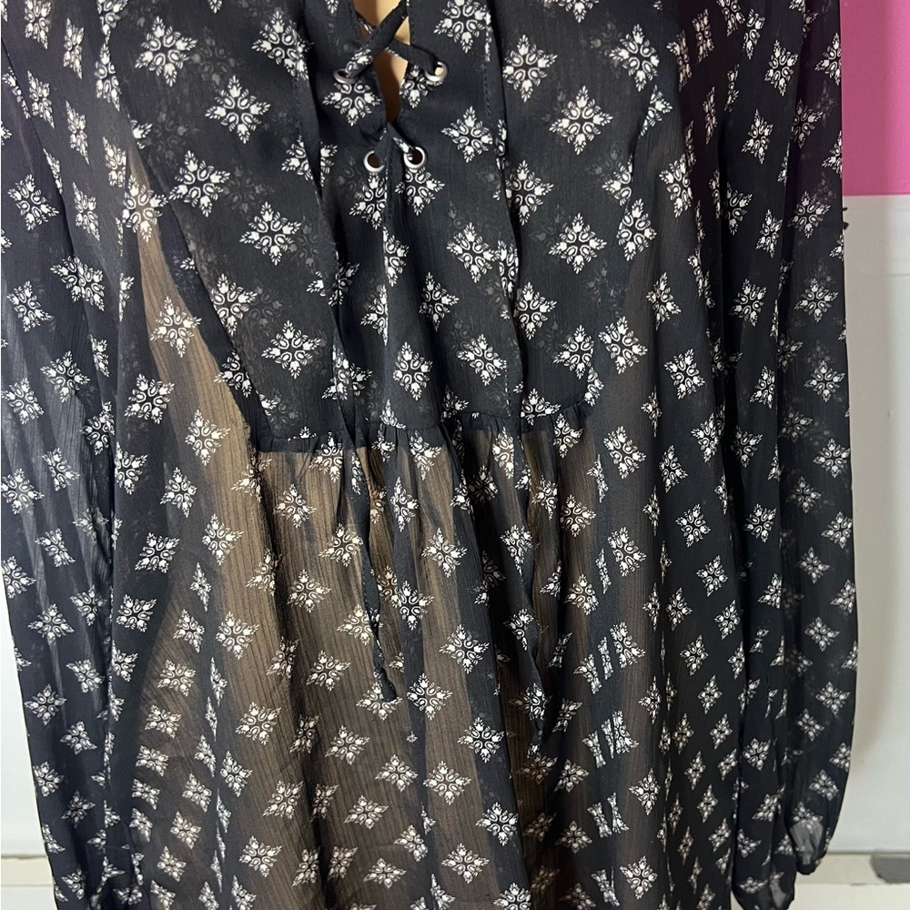 Black Sheer Blouse with White Pattern - Picture 2 of 6